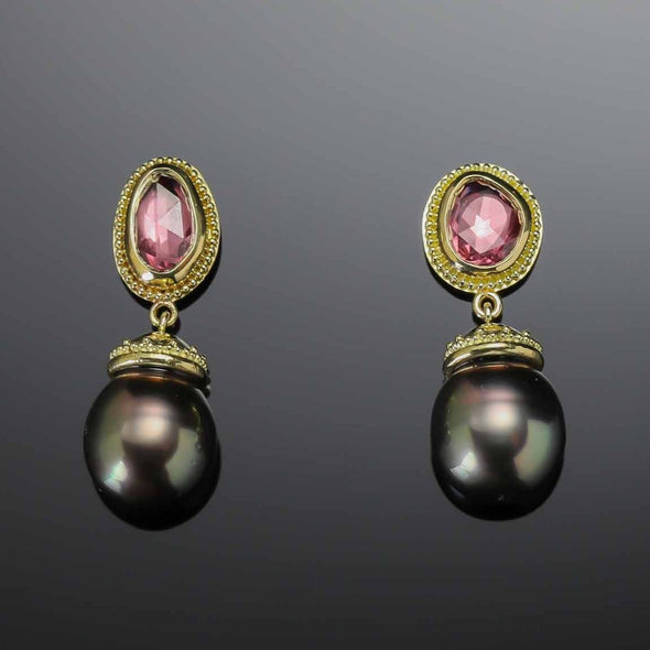 Pink sapphire & Tahitian Black Pearl earrings in granulated 18K Treasure Gold