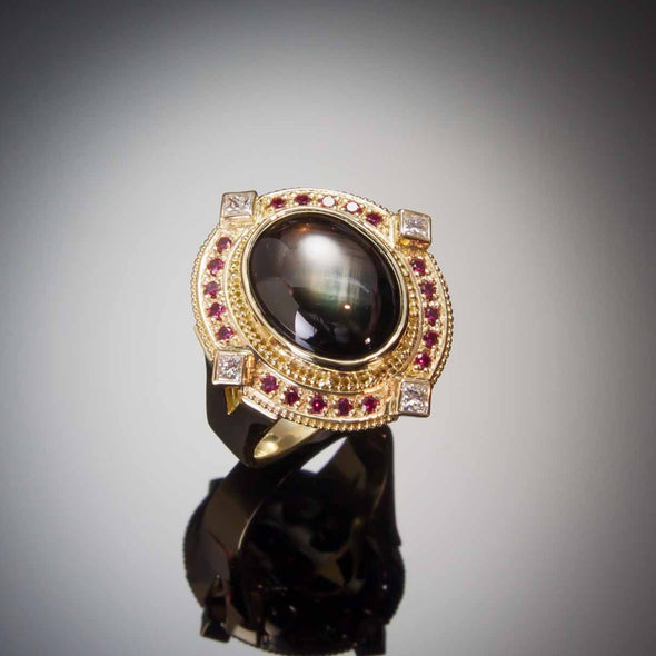 Black Star Sapphire  Ring in granulated 18K gold