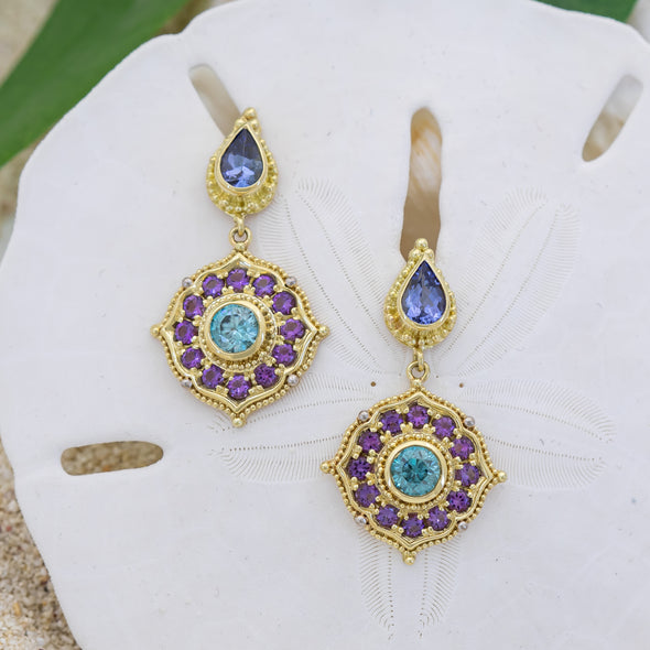 Tanzanite, Blue Zircon, & Amethyst Treasure Earrings
