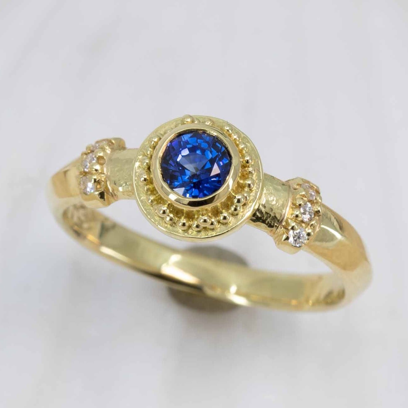 Sapphire & Diamond Granulated Gold Ring
