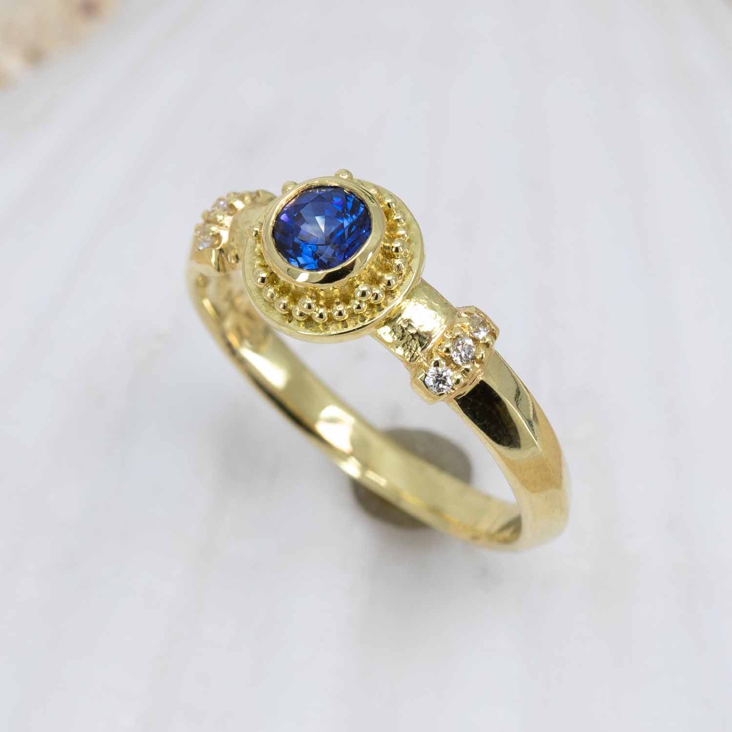 Sapphire & Diamond Granulated Gold Ring