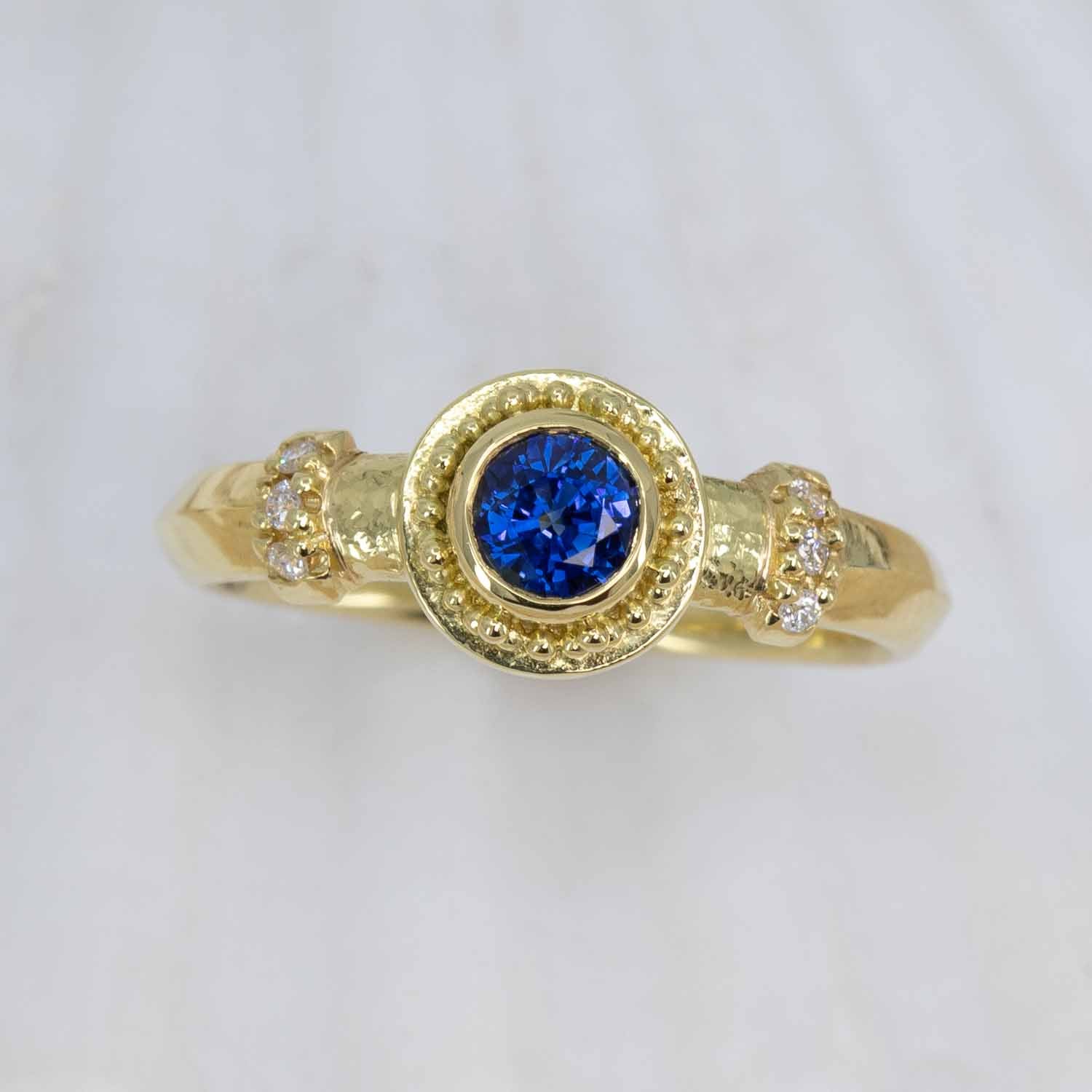 Sapphire & Diamond Granulated Gold Ring