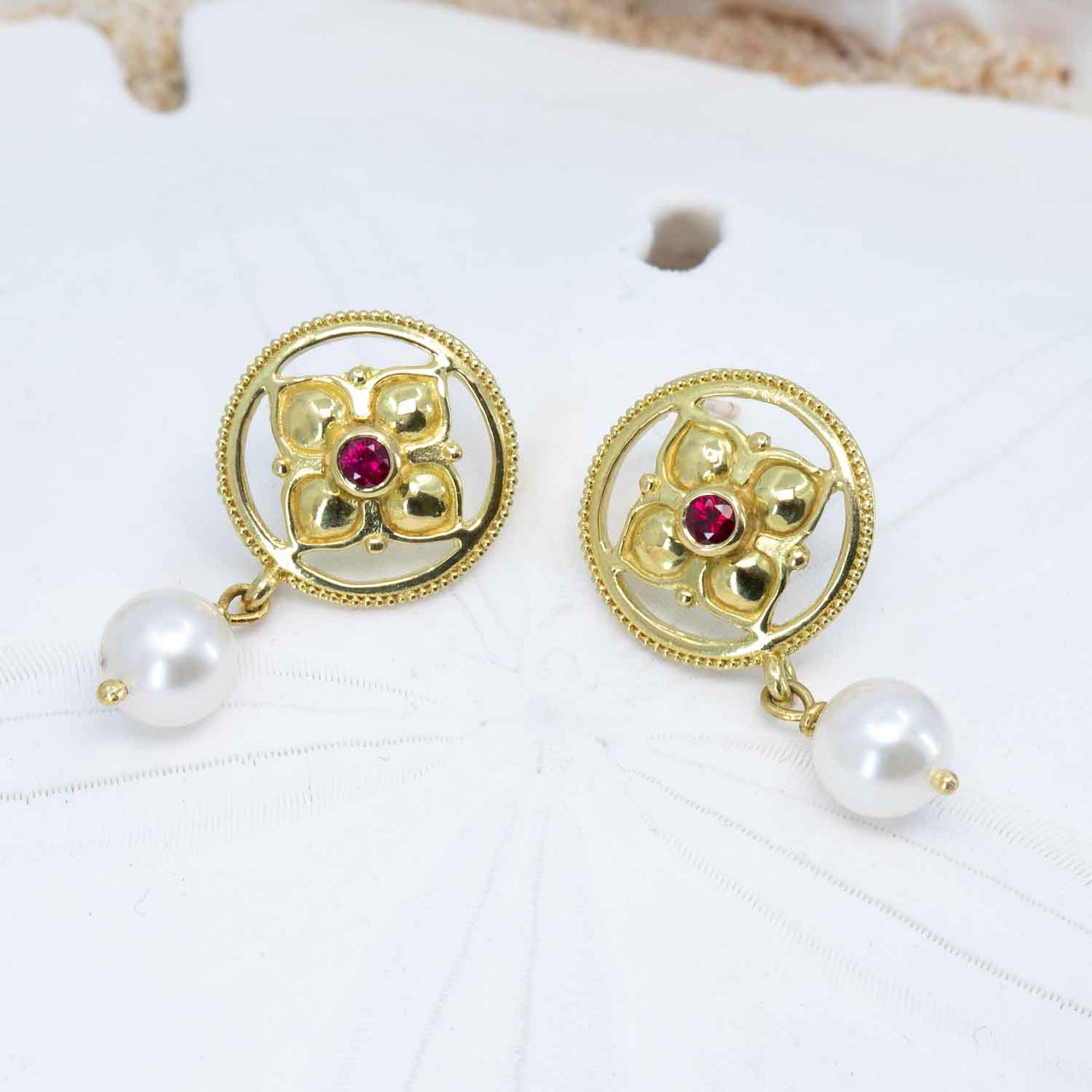 Ruby and pearl earrings in granulated 18K gold