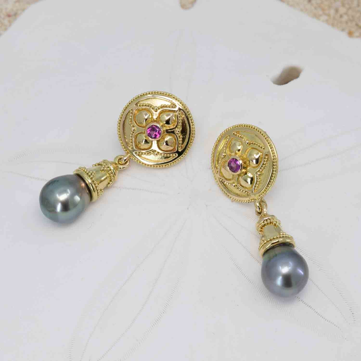 Garnet & Black Pearl Earrings in 18K granulated gold