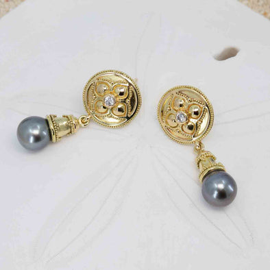 Diamond and Tahitian Black Pearl earrings in granulated 18K gold