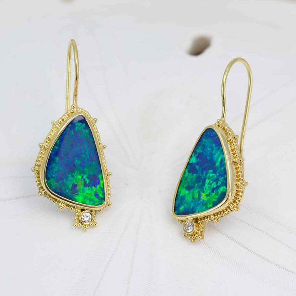 Opal and diamond earrings in 18K granulated gold