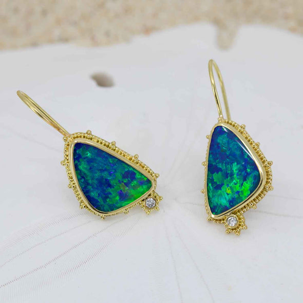 Opal and diamond earrings in 18K granulated gold