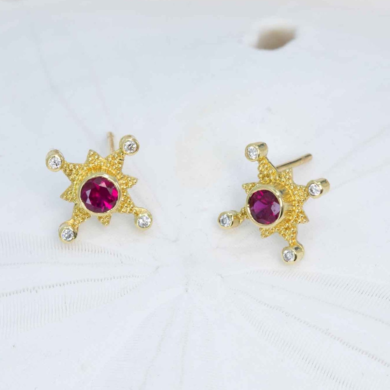 Ruby & Diamond Compass Rose earrings in granulated 18K gold