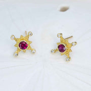 Ruby & Diamond Compass Rose earrings in granulated 18K gold