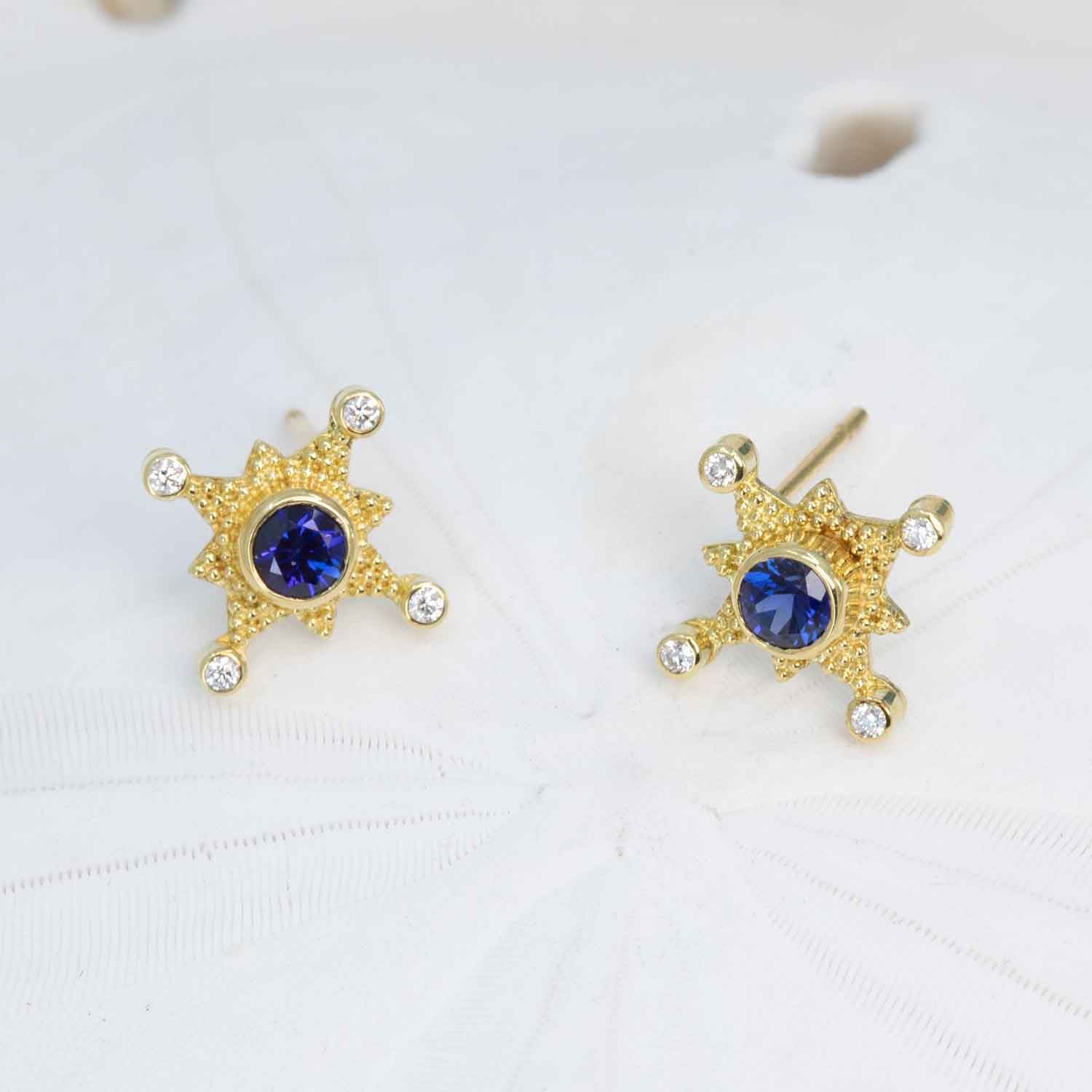 Blue sapphire and diamond earrings in granulated 18K gold