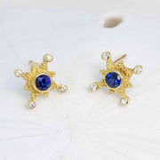 Blue sapphire and diamond earrings in granulated 18K gold