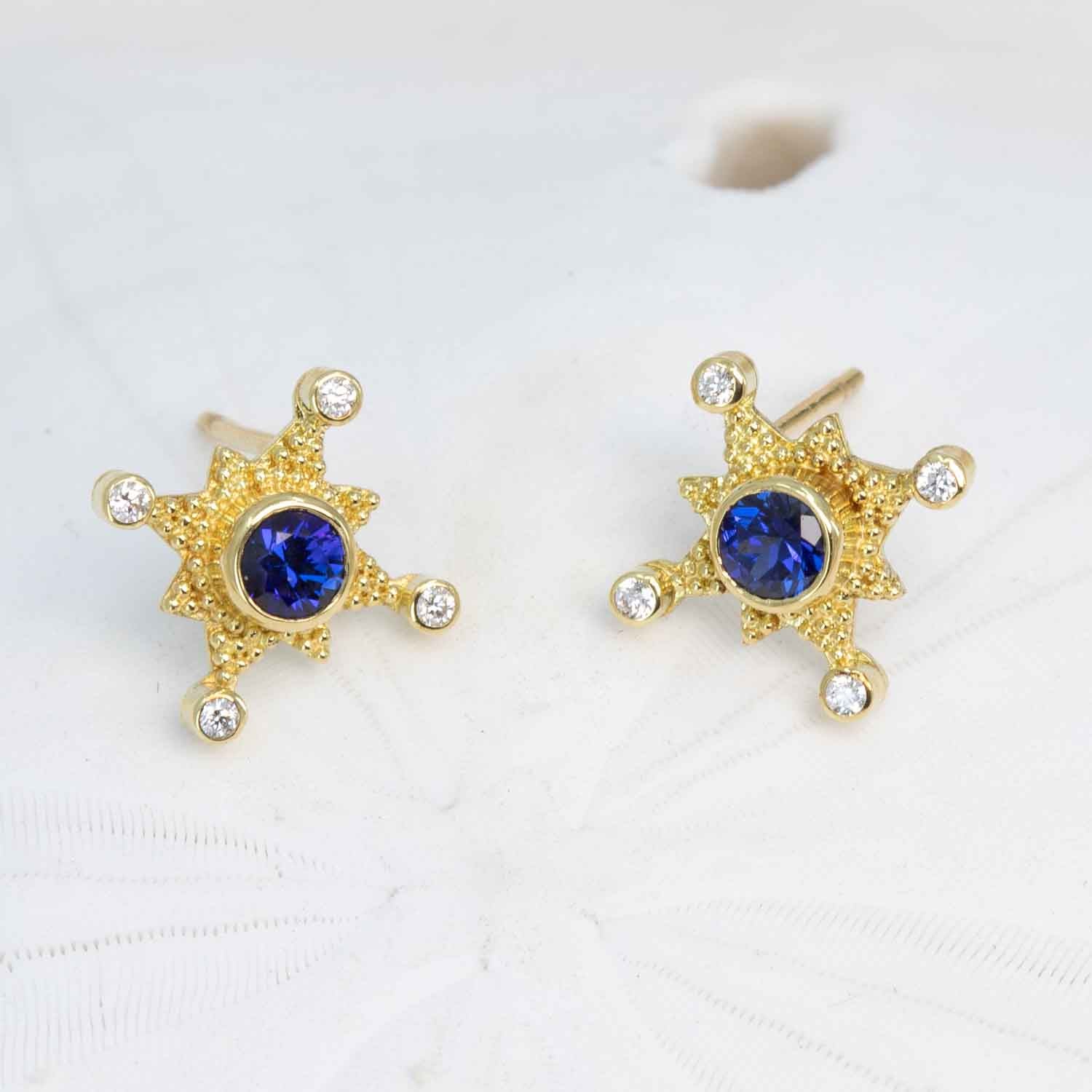 Blue sapphire and diamond earrings in granulated 18K gold