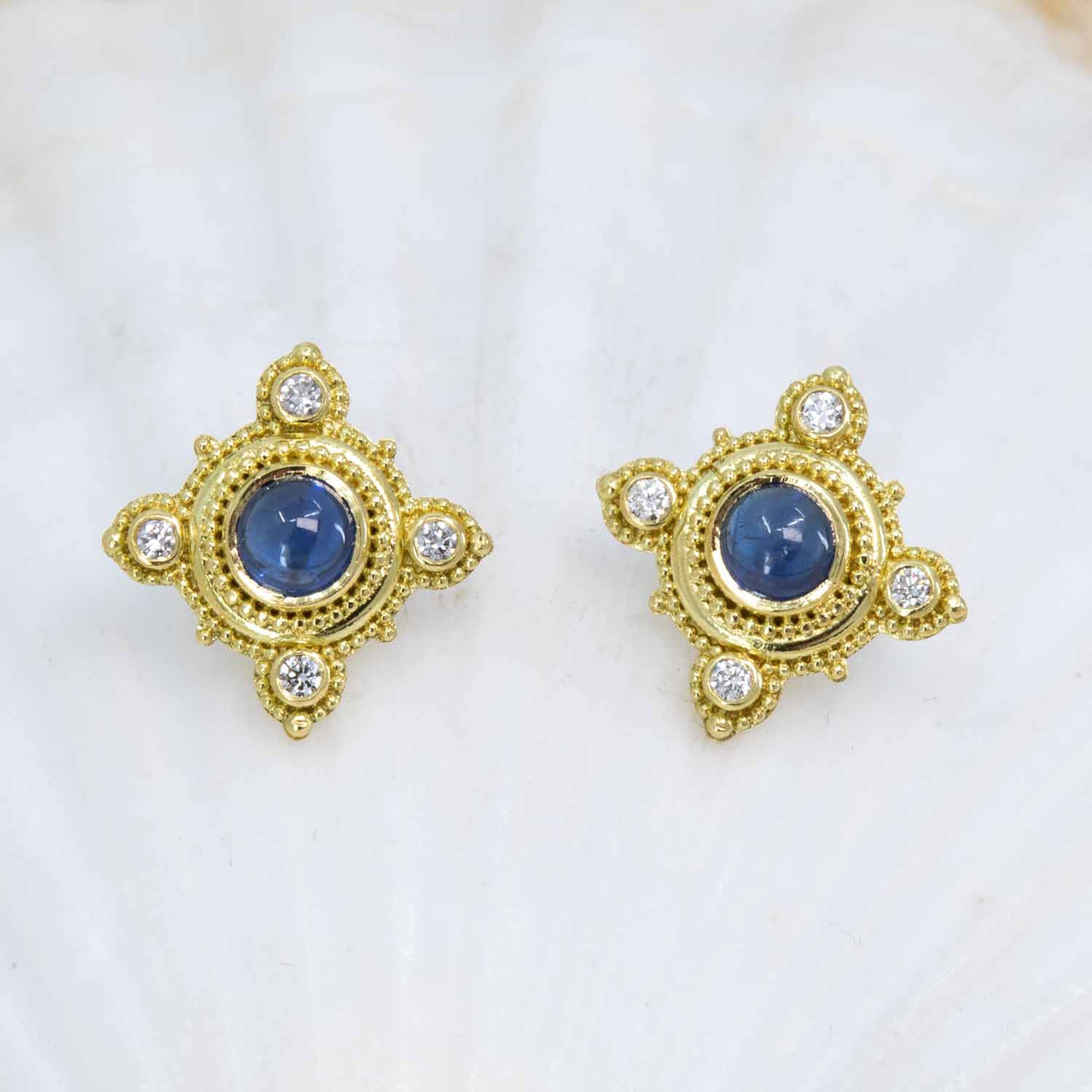 Sapphire cab and diamond earrings in granulated 18K Treasure Gold