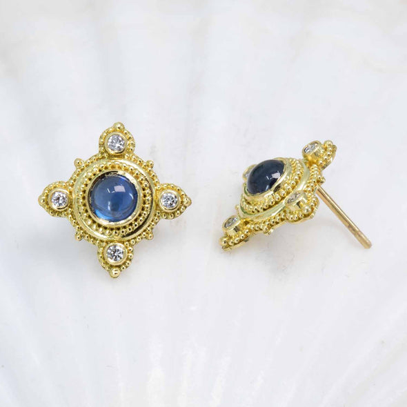 Sapphire cab and diamond earrings in granulated 18K Treasure Gold