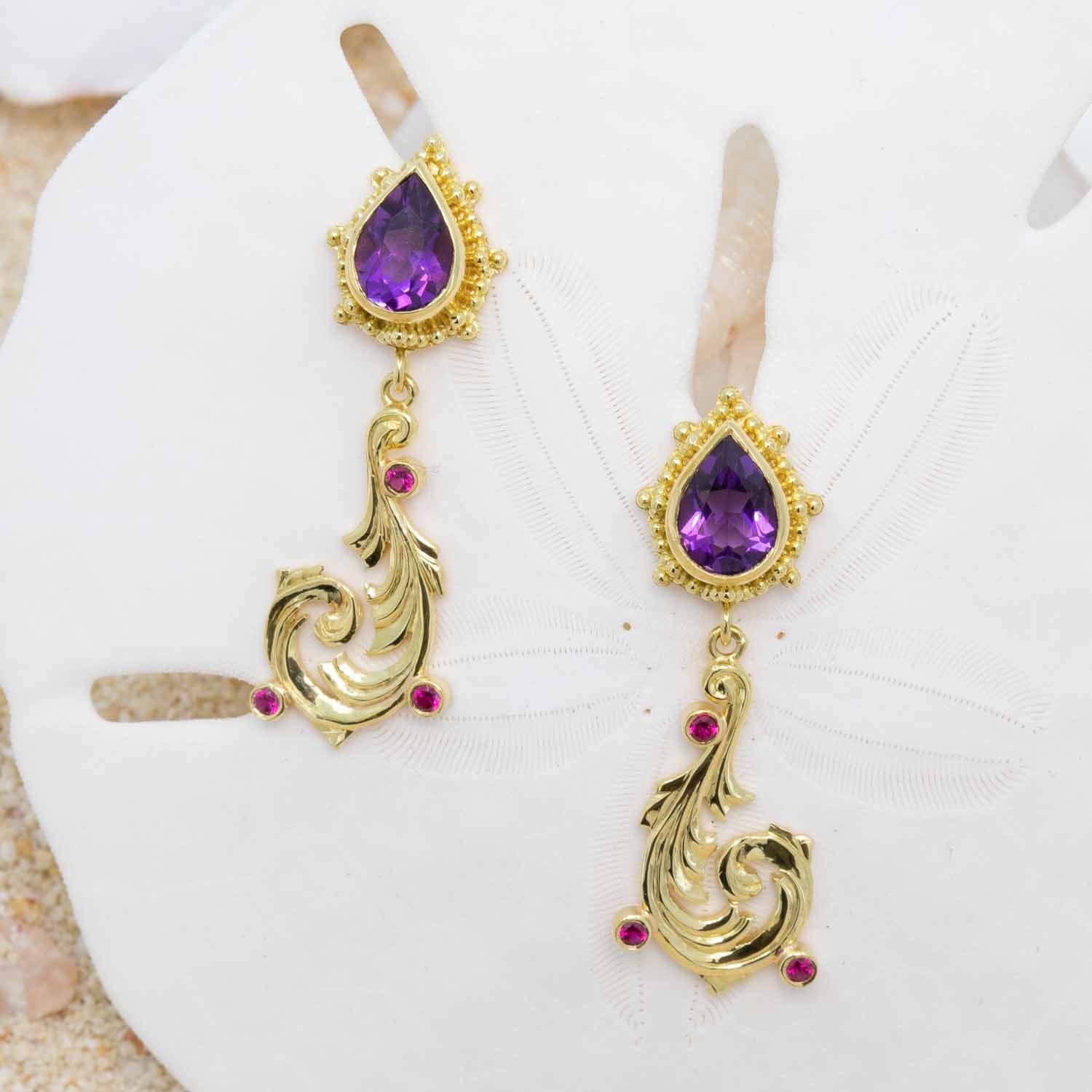 Amethyst and ruby vine earrings in 18K Treasure Gold with gold granulation