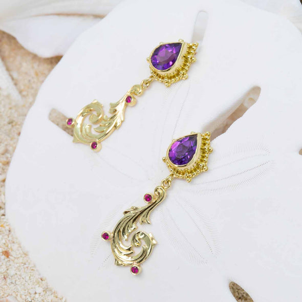 Amethyst and ruby vine earrings in 18K Treasure Gold with gold granulation