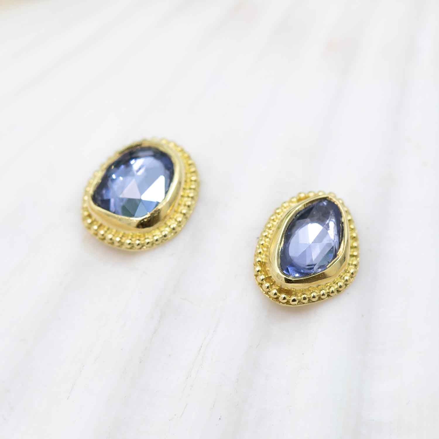 Rose-cut blue sapphire earring studs in granulated 18K Treasure Gold