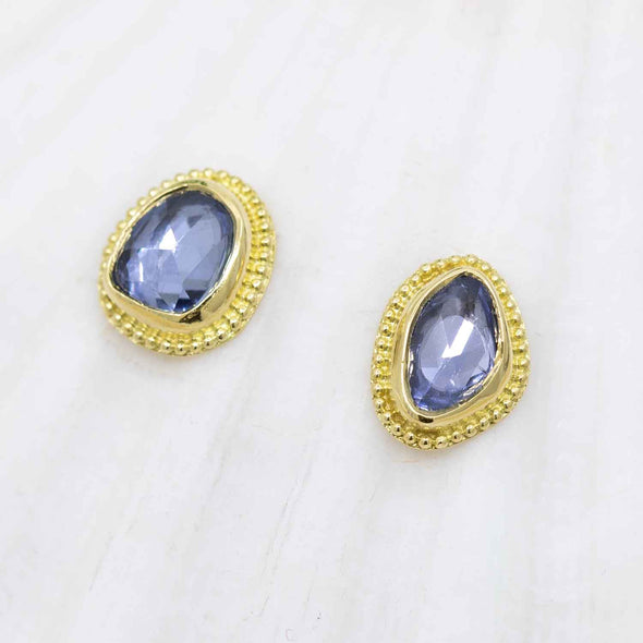 Rose-cut blue sapphire earring studs in granulated 18K Treasure Gold