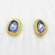 Rose-cut blue sapphire earring studs in granulated 18K Treasure Gold