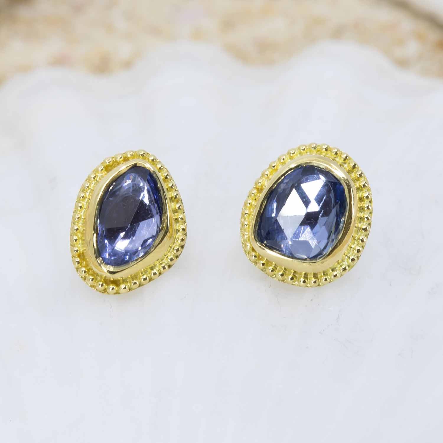 Rose-cut blue sapphire earring studs in granulated 18K Treasure Gold