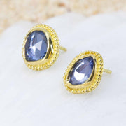 Rose-cut blue sapphire earring studs in granulated 18K Treasure Gold