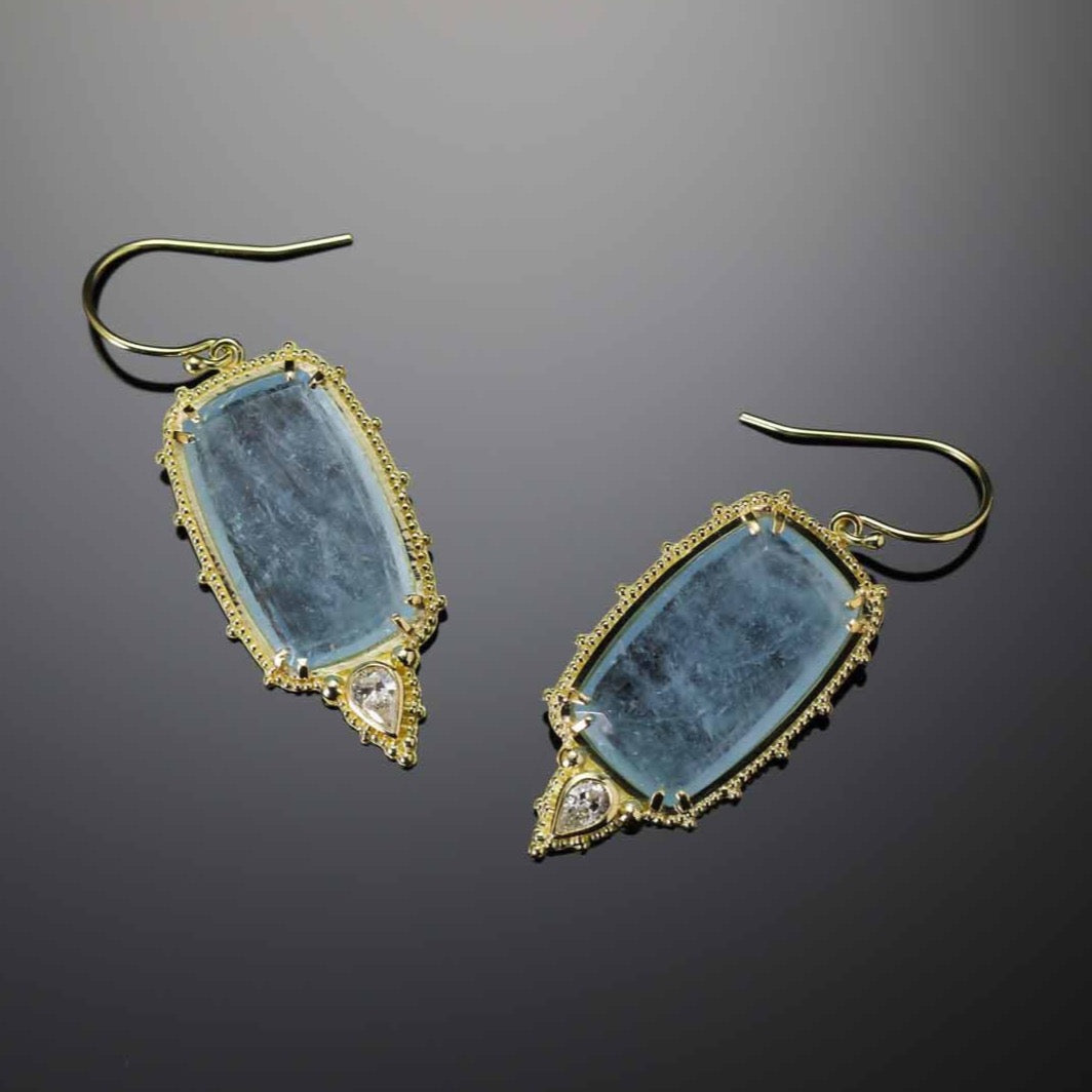 Aquamarine slice earrings with diamonds set in granulated 18K Treasure Gold