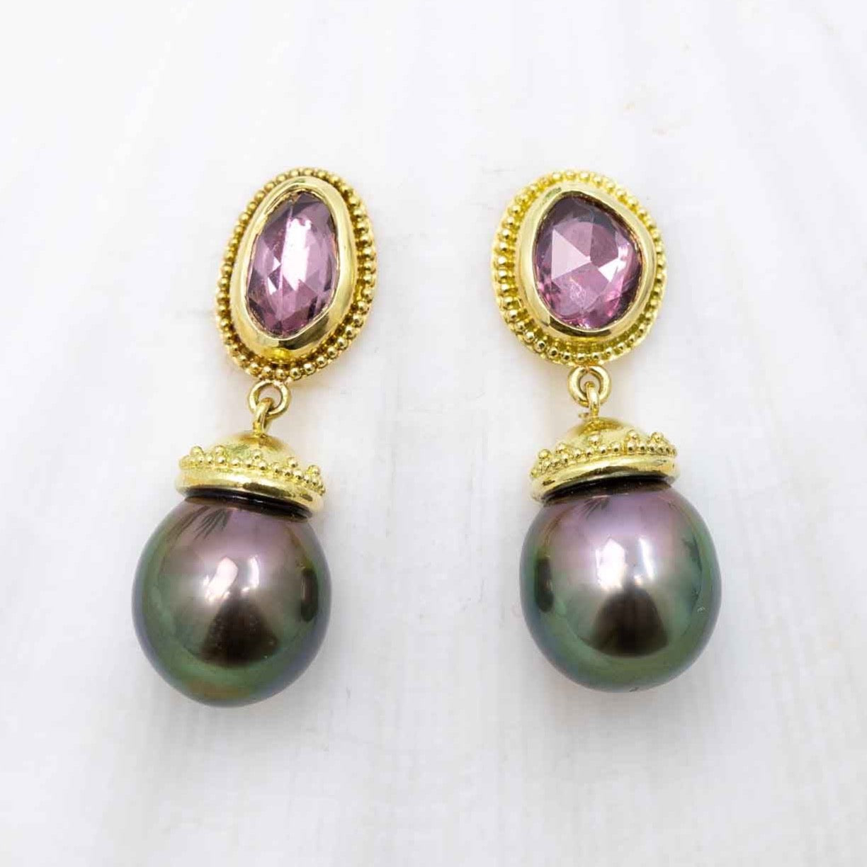 Pink sapphire & Tahitian Black Pearl earrings in granulated 18K Treasure Gold