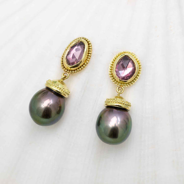 Pink sapphire & Tahitian Black Pearl earrings in granulated 18K Treasure Gold