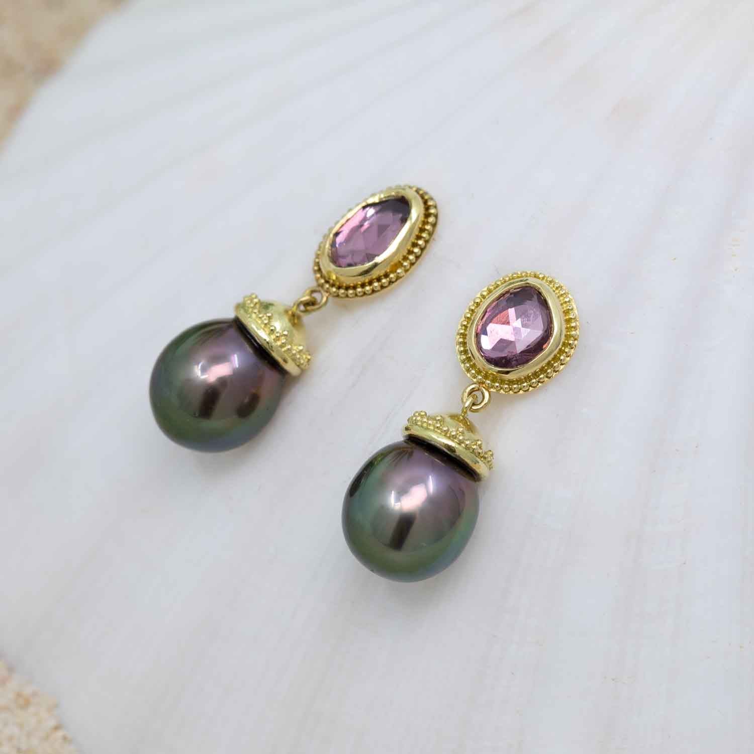 Pink sapphire & Tahitian Black Pearl earrings in granulated 18K Treasure Gold