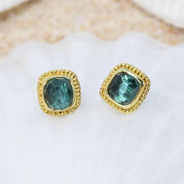 Oceanic blue-green tourmaline earrings in granulated 18K Treasure Gold