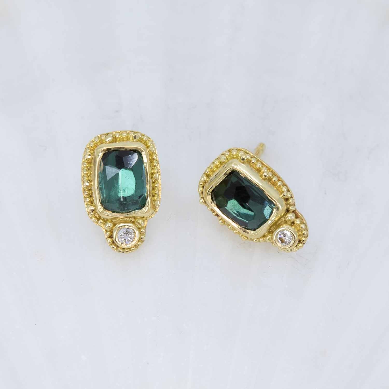 Sea-Green Tourmaline Earrings with diamonds in granulated 18K Treasure Gold