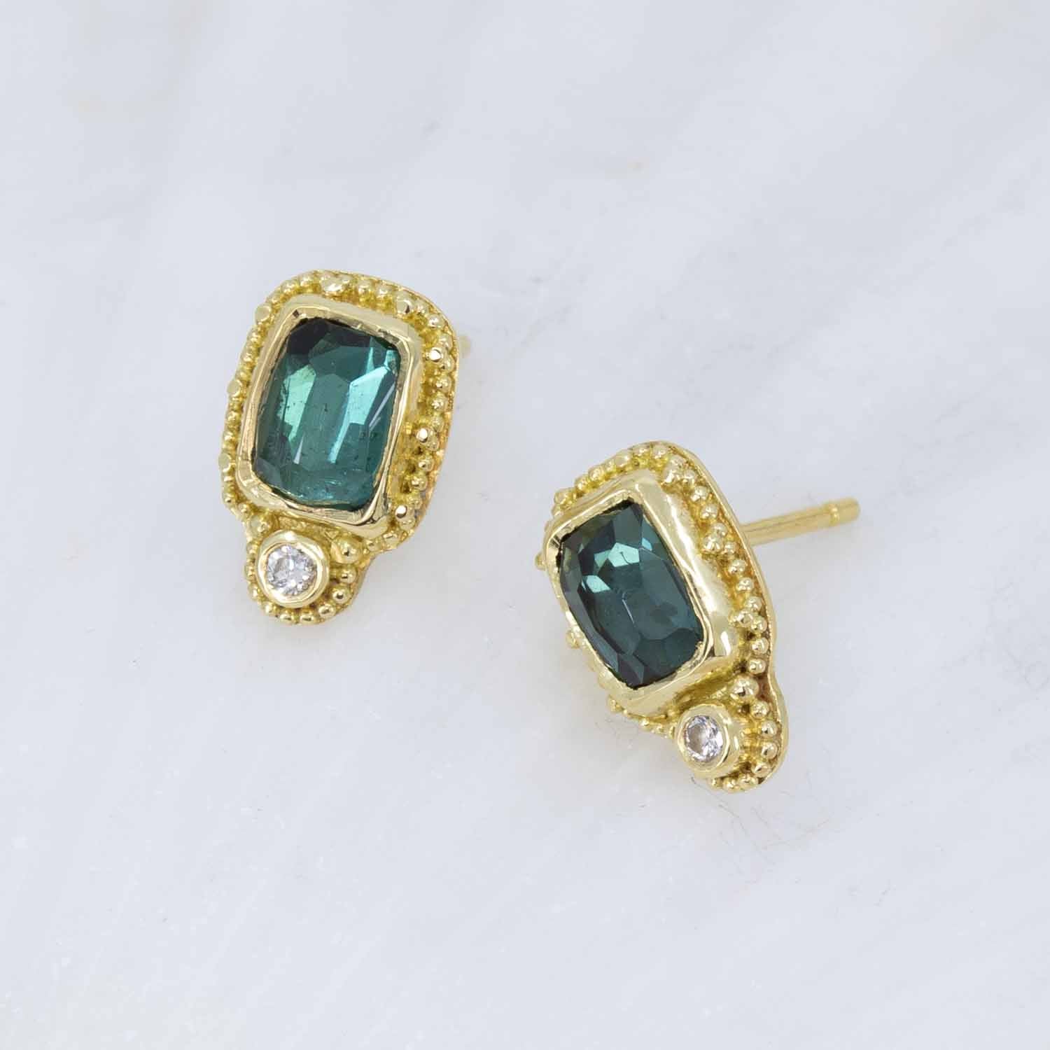 Sea-Green Tourmaline Earrings with diamonds in granulated 18K Treasure Gold