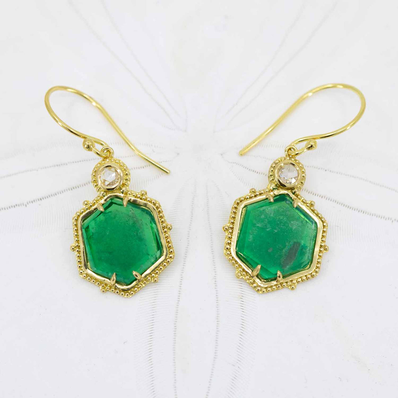 Emerald Crystal Slice earrings in granulated 18K Treasure Gold with rose-cut diamonds