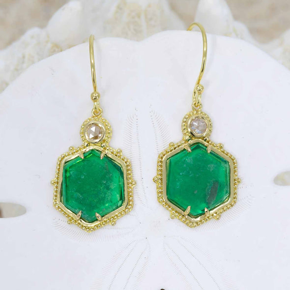 Emerald Crystal Slice earrings in granulated 18K Treasure Gold with rose-cut diamonds