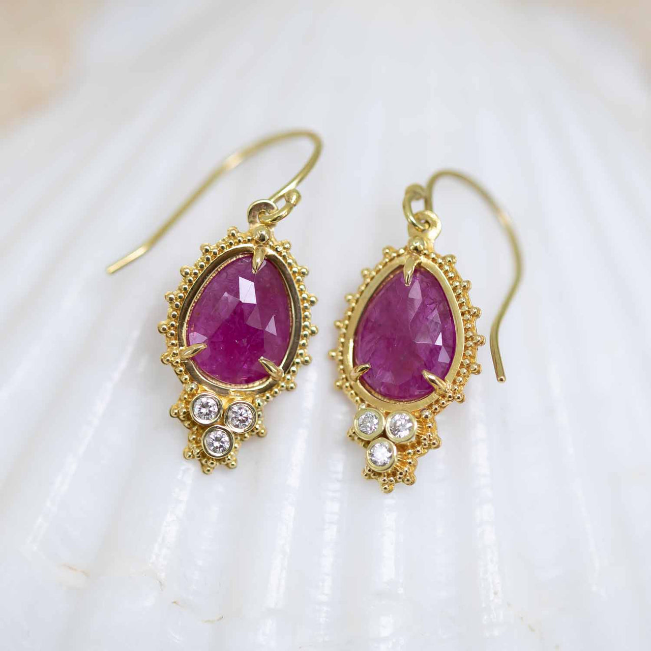 Ruby and diamond earrings in granulated 18K Treasure Gold made with shipwreck treasure