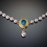 Blue topaz, apatite, and 18K granulated gold necklace with Japanese pearls