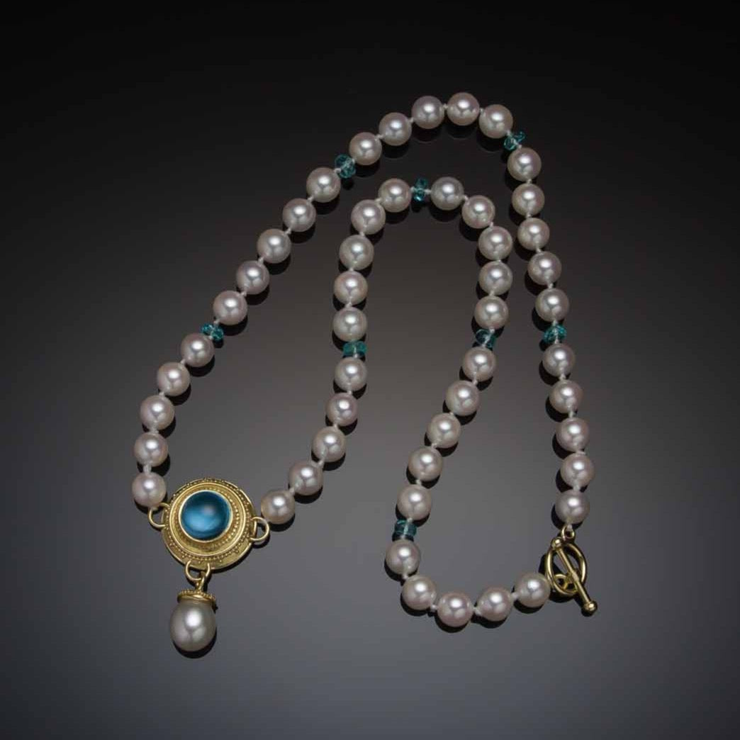 Blue topaz, apatite, and 18K granulated gold necklace with Japanese pearls