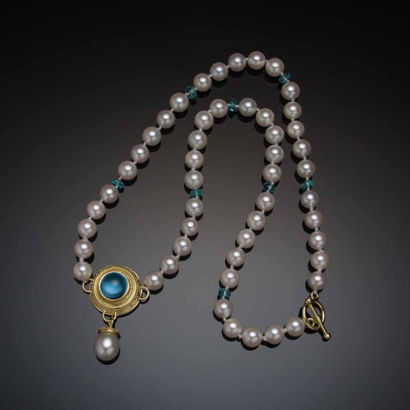 Blue topaz, apatite, and 18K granulated gold necklace with Japanese pearls