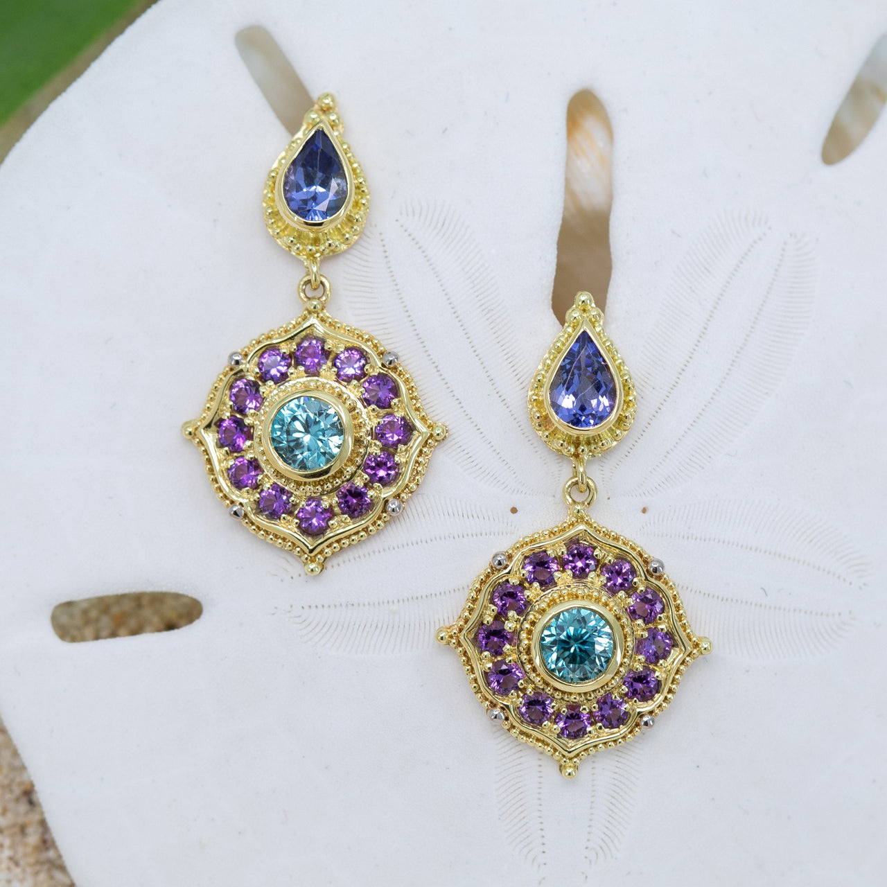 Tanzanite, Blue Zircon, & Amethyst Treasure Earrings