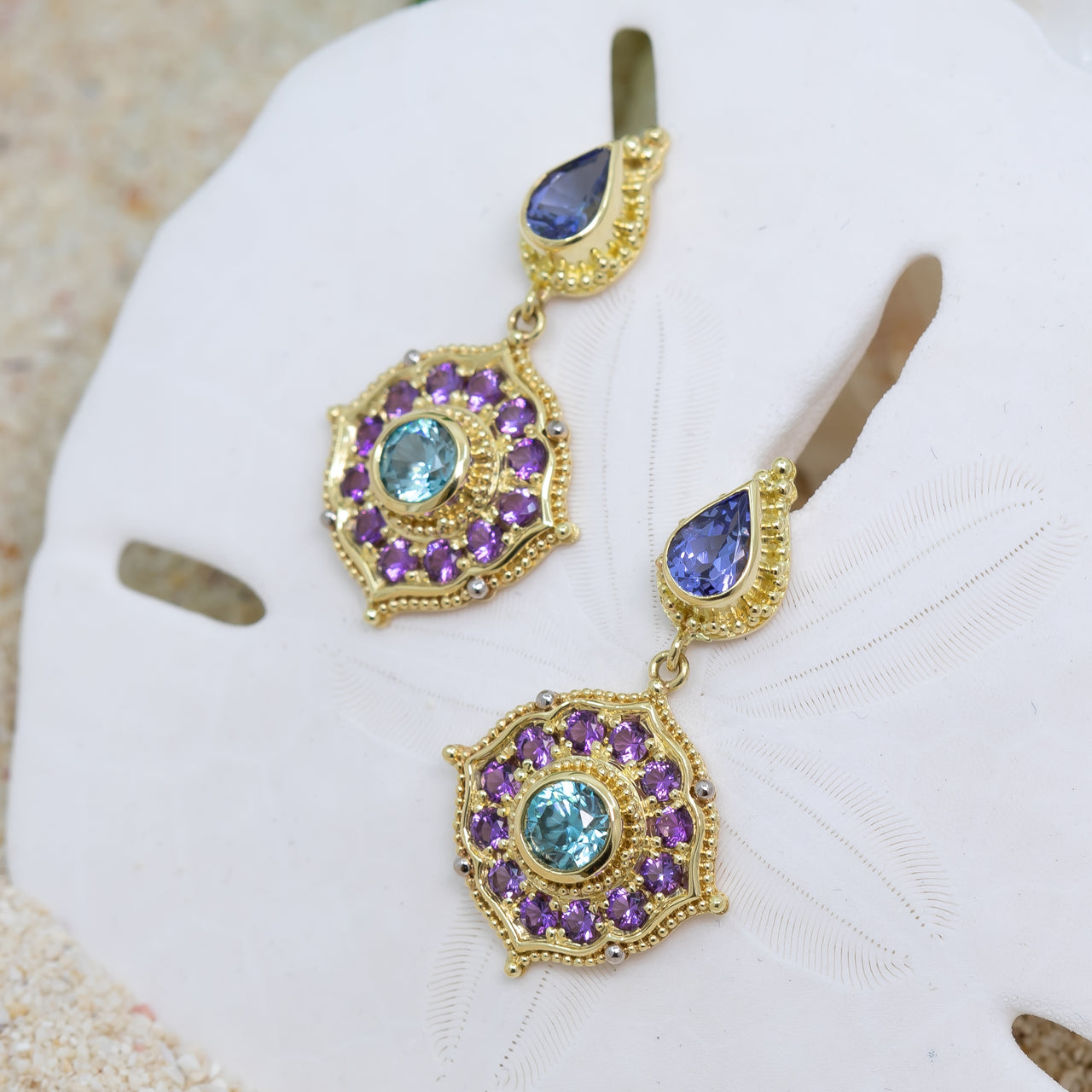 Tanzanite, Blue Zircon, & Amethyst Treasure Earrings