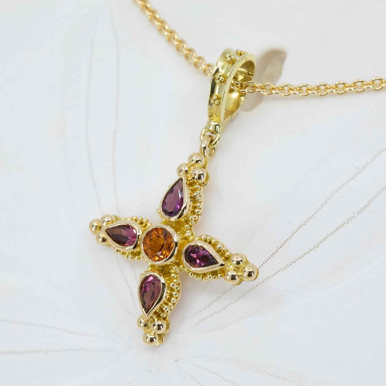 Orange Sapphire & Garnet Flower Pendant