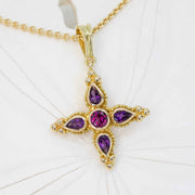 Garnet & Amethyst Flower pendant in 18K granulated gold