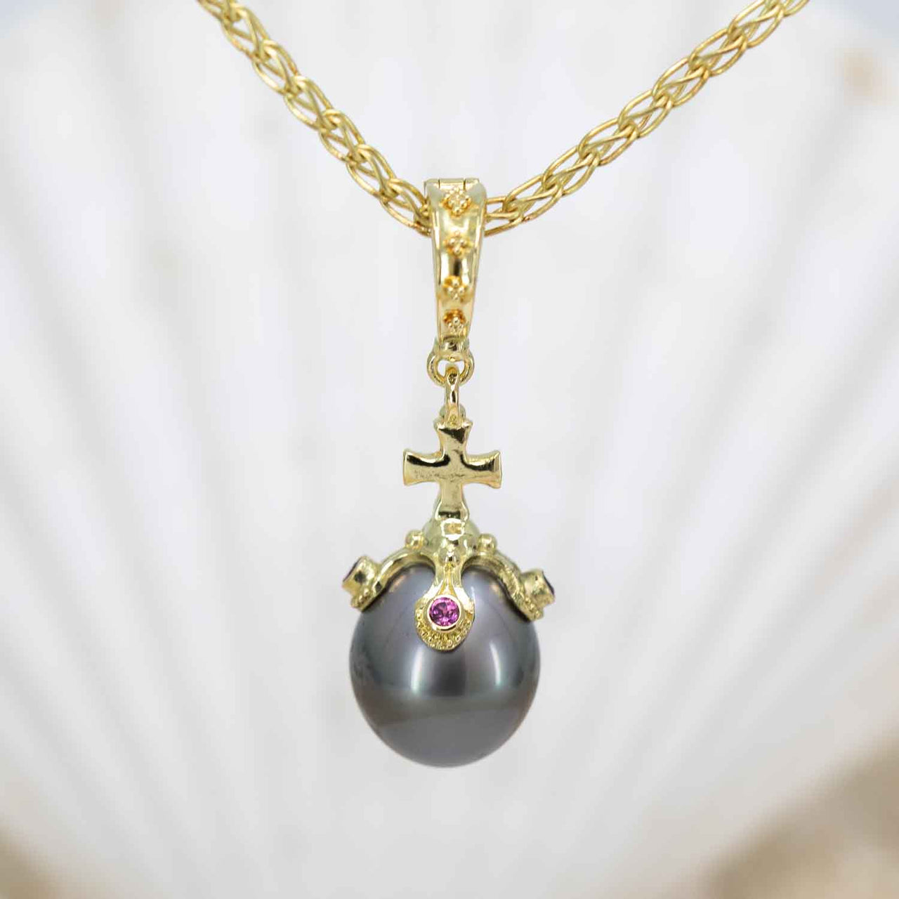 Garnet & Black Pearl Globus Cruciger Pendant