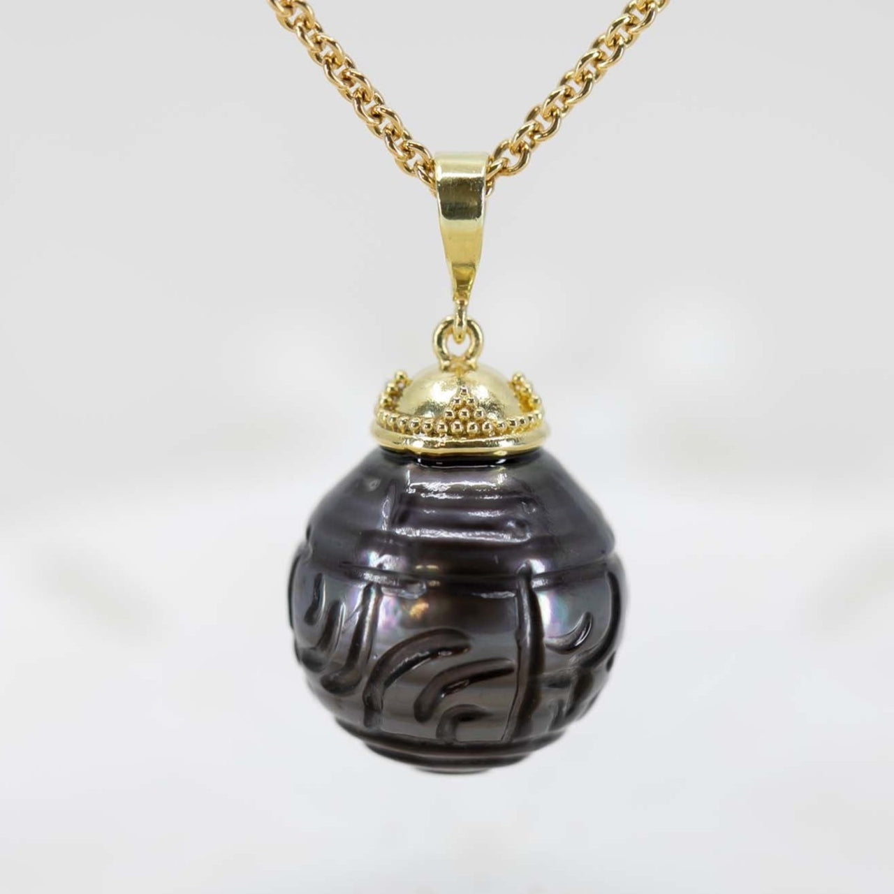 Hand-carved Tahitian Black Pearl Pendant 3