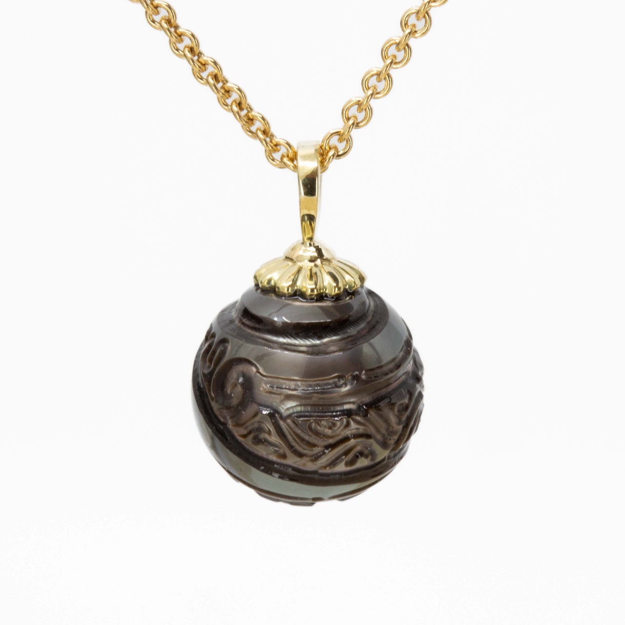 Hand-carved Tahitian Black Pearl Pendant 9
