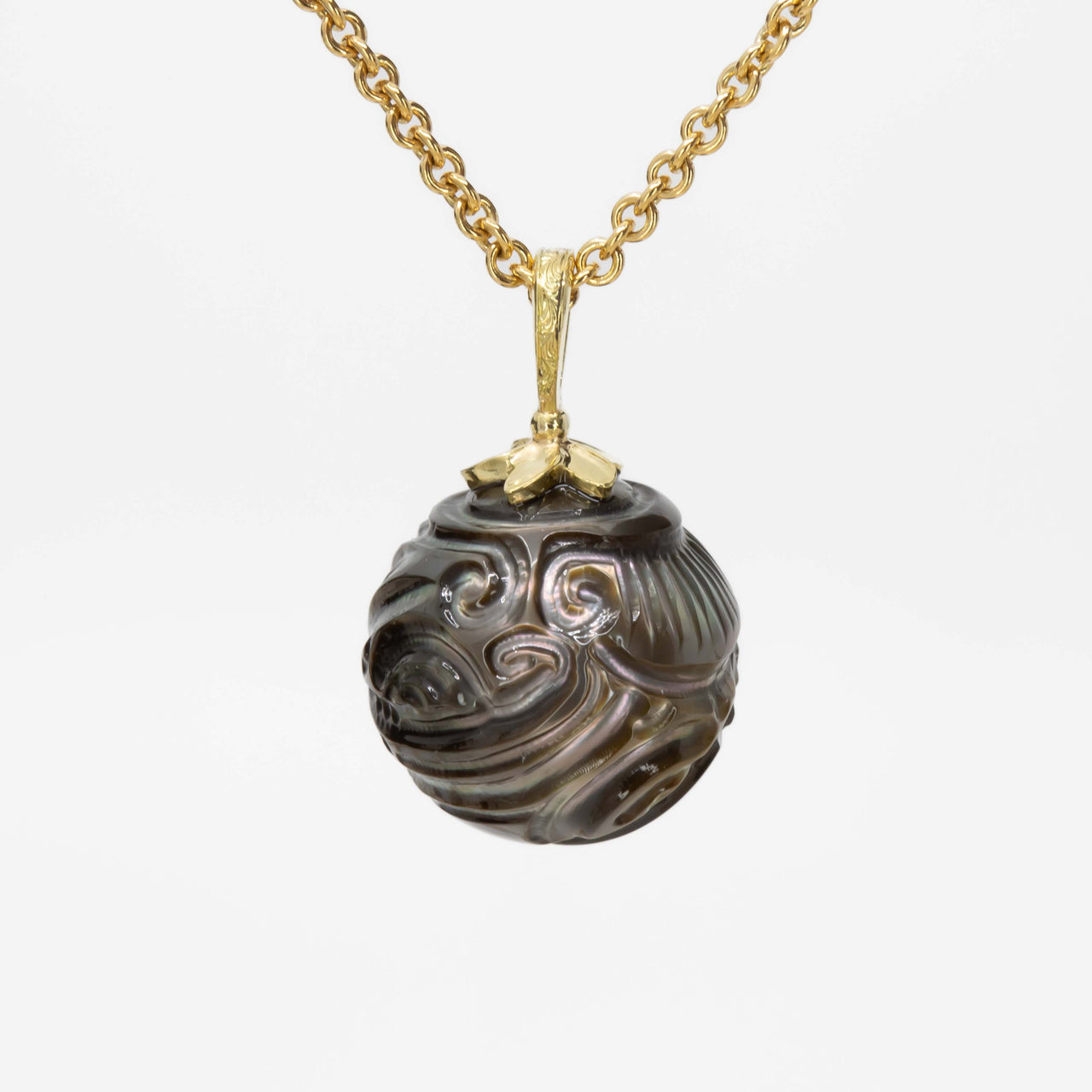 Hand-carved Tahitian Black Pearl Pendant 10