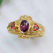 Garnet & Sunstone ring in granulated 18K gold