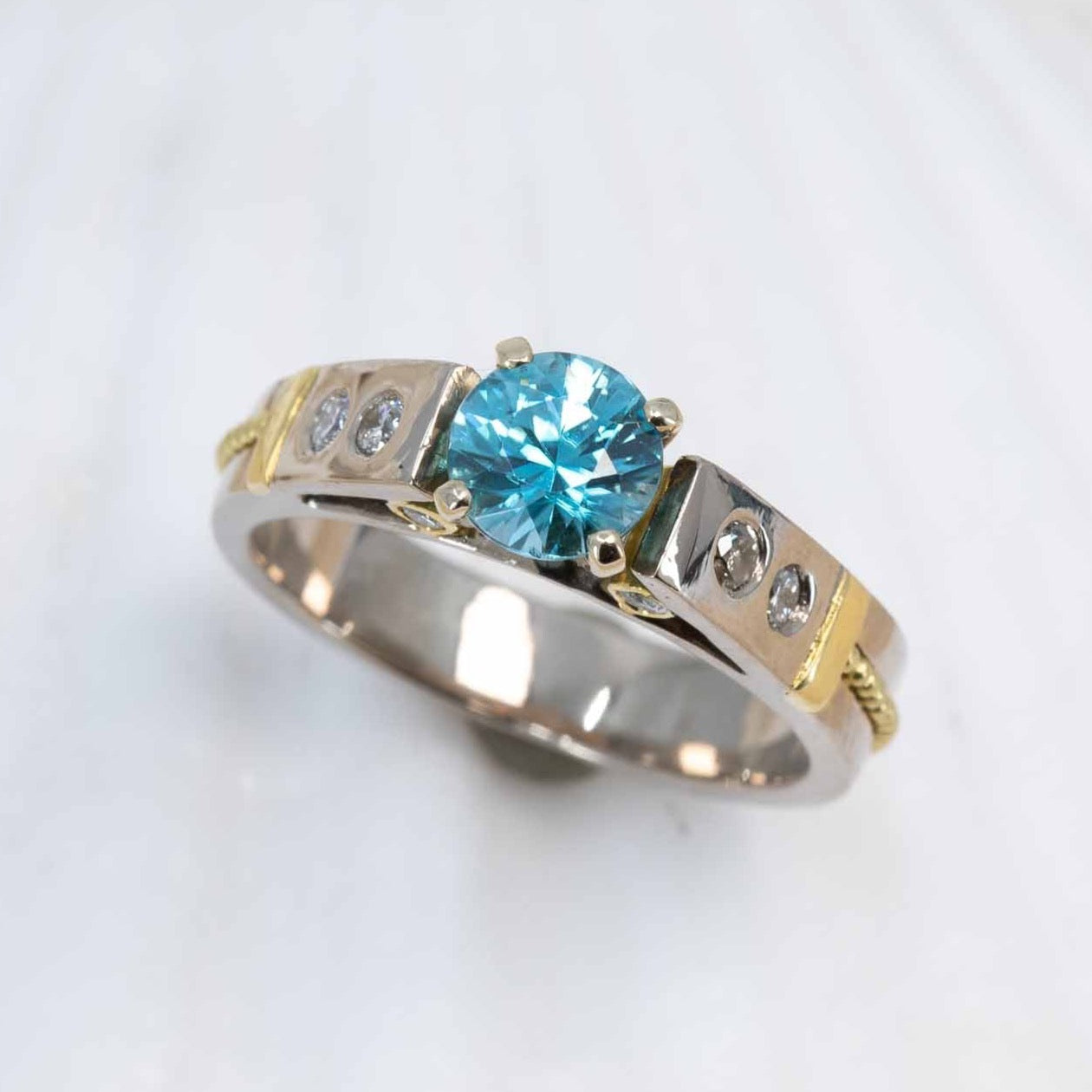 Blue Zircon & Diamond Classical Ring