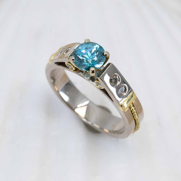 Blue Zircon & Diamond Classical Ring
