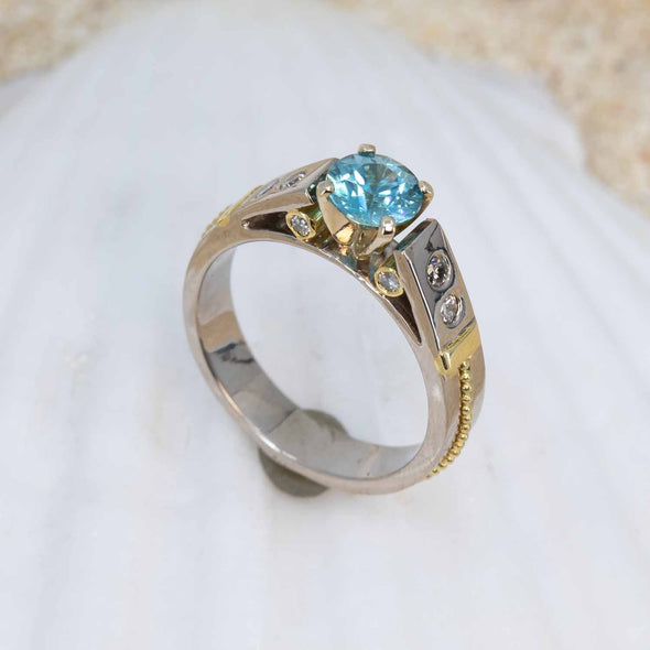 Blue Zircon & Diamond Classical Ring